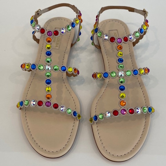 AQUAZZURA BEIGE TEQUILA CRYSTAL RAINBOW SANDALS SIZE IT 38 / US 8 NEW IN BOX! - Picture 7 of 16